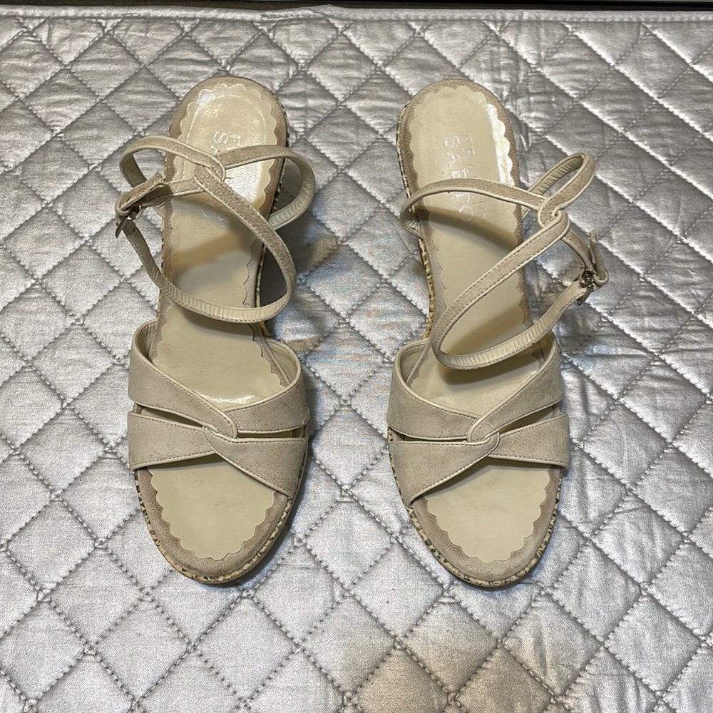 Franco Sarto nude suede open toed snakeskin wedge heel.
